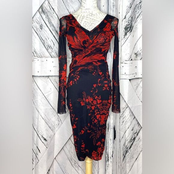 FUZZI DRESS Faux Wrap Sheer Sleeves Floral Black Red Small - Picture 1 of 7